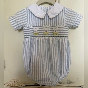 Classic Whimsy Blue & White Smocked Easter Bunny Bubble. Size 12 Months.